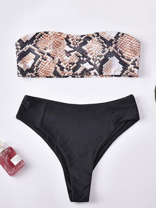 Strapless Snake-Print Split Bikini Swimsuit