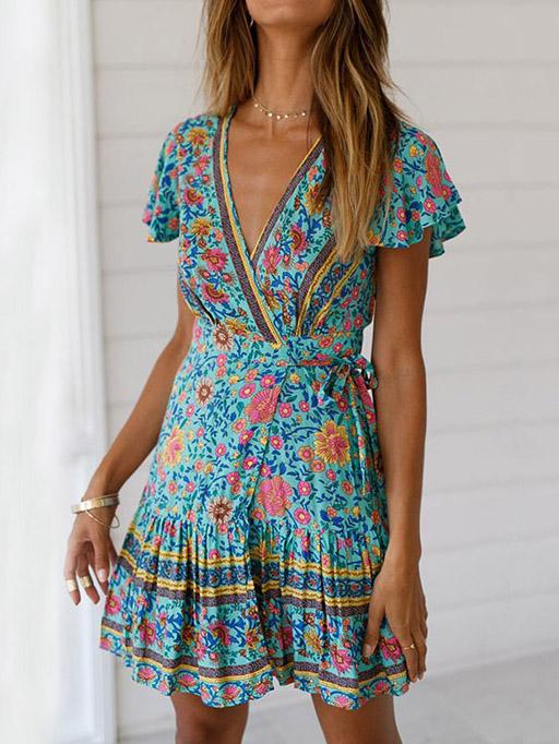 Short-sleeves V-neck Floral Beach Mini Dresses