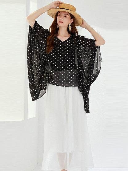 Original Loose Chiffon Polka-Dot Irregular Shirt Top