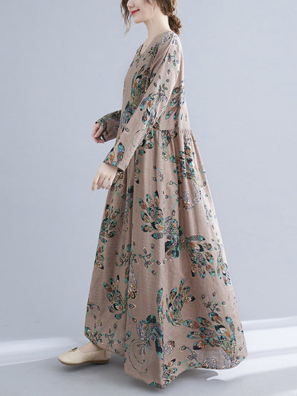 Vintage Ramie Cotton Floral Printed Round-Neck Long Sleeves Loose Maxi Dress
