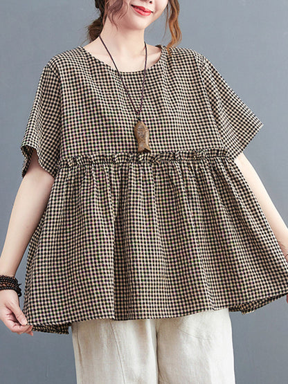 Artistic Retro Loose Plaid Ramie Cotton Falbala T-Shirt Top