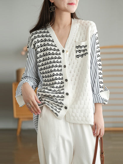 Original Asymmetric Buttoned Split-Joint Hollow V-Neck Long Sleeves Cardigans