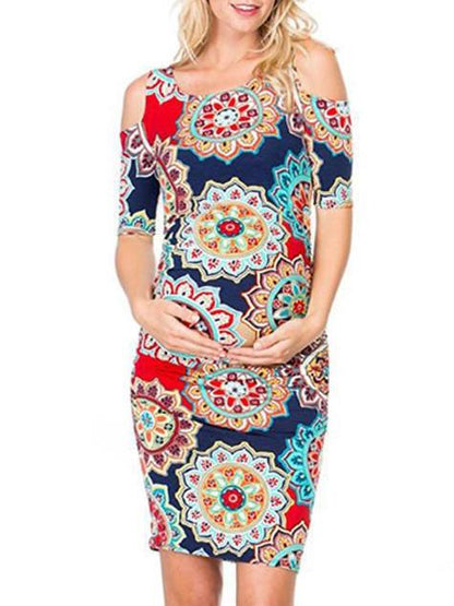 Maternity Printed Cold Shoulder Round-neck Mini Dress