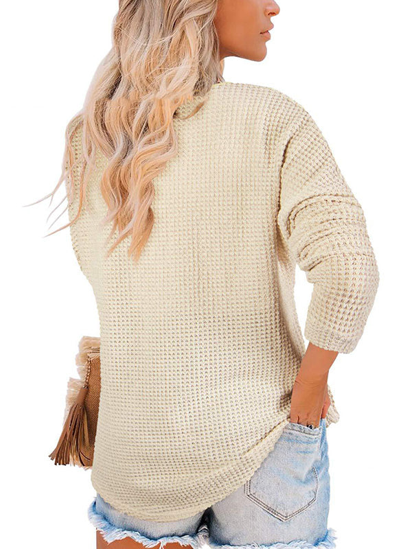 Casual Solid Color V-Neck Long Sleeves T-Shirt Tops