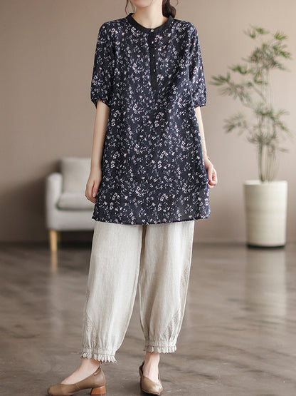 Vintage Half Sleeves Ramie Floral Printed Thin Black T-Shirt
