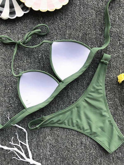 Plain Halter Narrow Straps Cami Bikini Swimsuit