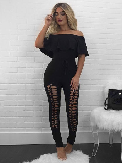 Off-The-Shoulder Lotus Leaf Sleeves Solid Sexy Jumpsuit