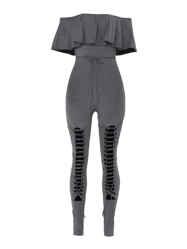 Off-The-Shoulder Lotus Leaf Sleeves Solid Sexy Jumpsuit