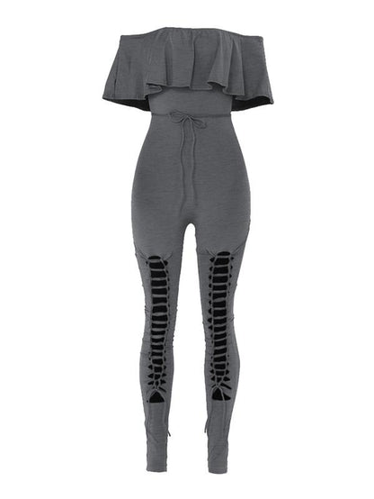 Off-The-Shoulder Lotus Leaf Sleeves Solid Sexy Jumpsuit