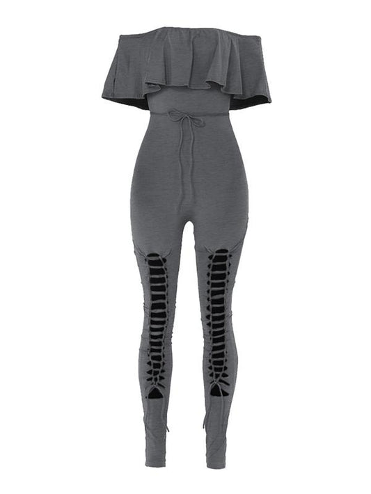 Off-The-Shoulder Lotus Leaf Sleeves Solid Sexy Jumpsuit