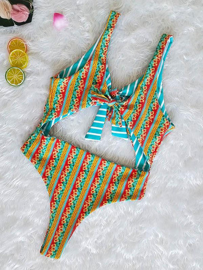 Reversible Striped Bandage One-piece Swimwear