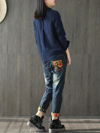 Ramie Cotton Solid Diagonal Button-design Shirt Top