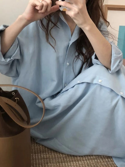 Simple Loose Casual Solid Color Buttoned Split-Side Lapel Collar Long Sleeves Midi Shirt Dress