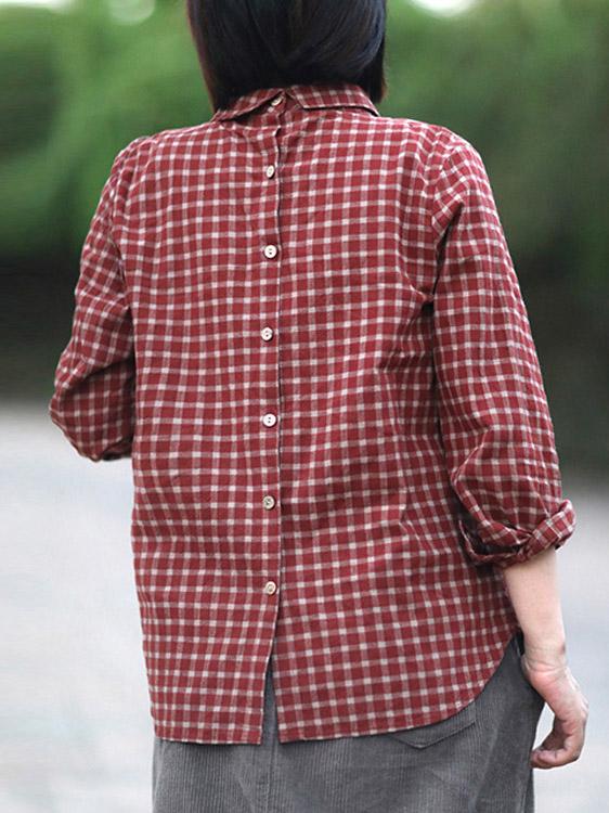 Linen Back-button Plaid Loose Blouse Top