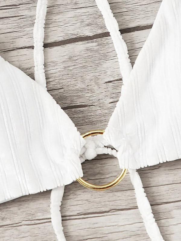 Solid Color Ring Hollow Split Bikini Swimsuit