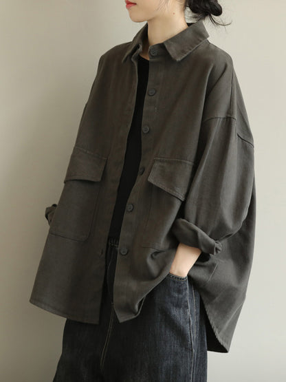 Simple Buttoned Solid Color Lapel Batwing Sleeve Outerwear