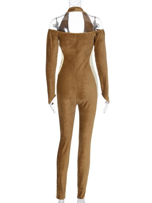 Contract Color Halter Neck Zipper Sports Jumpsuits,