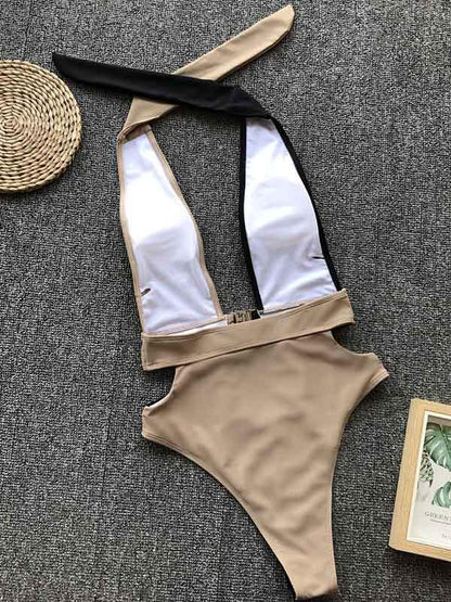Backless Contrast Buckle One Piece Swimsuit