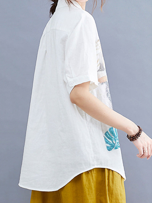 Original Leaves Printing Lapel Blouse