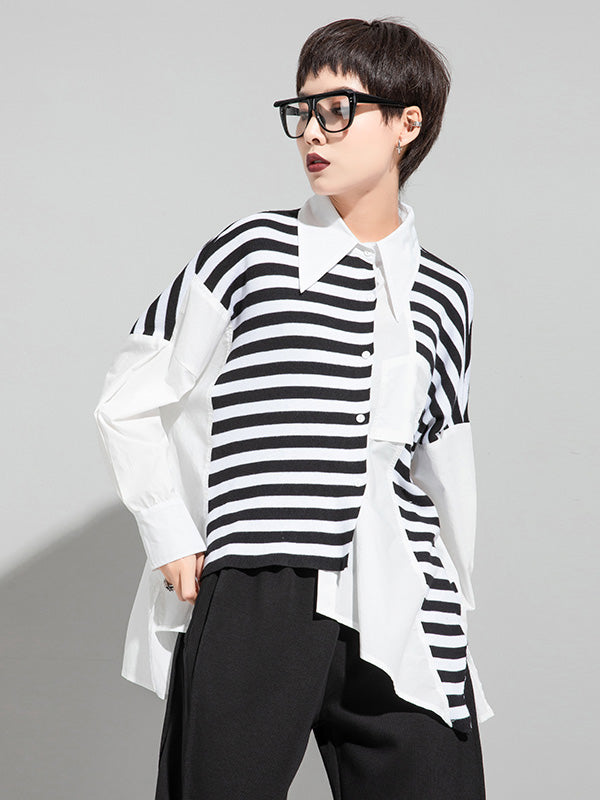 Stylish Asymmetric Split-Joint Striped High-Low Irregular Clipping Split-Back Blouse