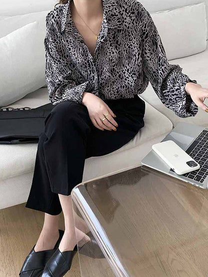 Stylish Leopard Buttoned Lapel High-Low Long Sleeves Blouse Tops