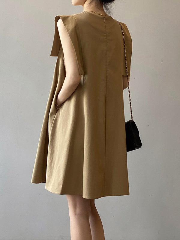 Casual Split-Joint Solid Color Round-Neck Sleeveless Mini Dress
