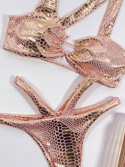 Snake-Print Asymmetric Split Bikini Swimsuit