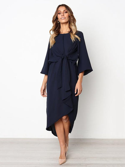 Solid Color Bandage Fabala Long Sleeves Midi Dress