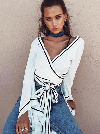 Sexy V-neck Bandage Mandarin Sleeve Contrast Color Blouses&shirts Tops