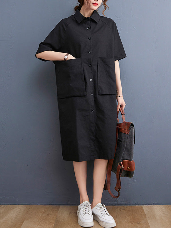 Original Solid Color With Pocket Lapel Shirt Dress