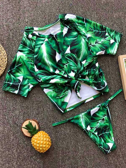 Two-pieces Solid Short Sleeves Bikinis Swimwear