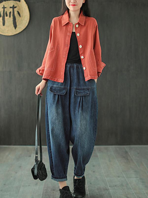 Leisure Solid Denim Puff Pants Bottoms