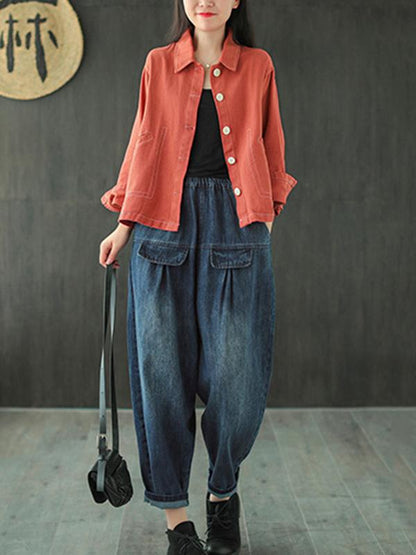 Leisure Solid Denim Puff Pants Bottoms