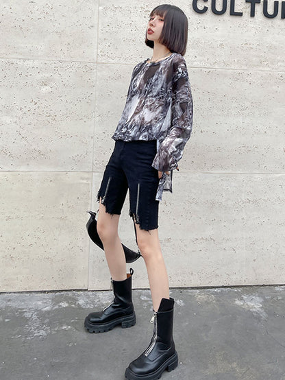 Hip-Hop Stylish Black Irregular Clipping Fringed Zipper Wrap Denim Shorts