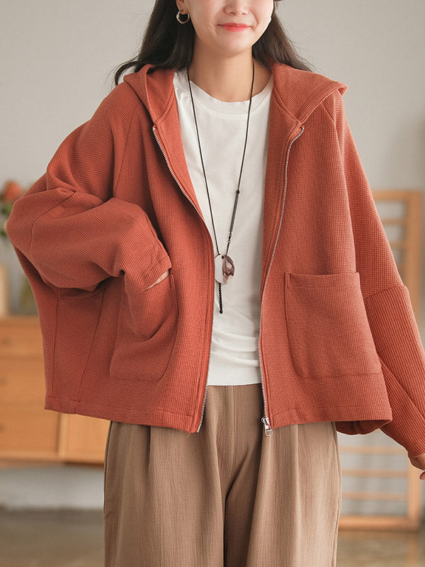 Casual Loose Solid Color Hooded Split-Joint Zipper Outerwear