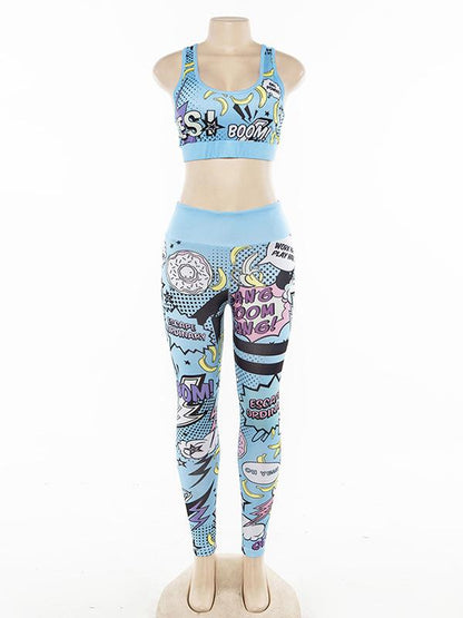 Racerback Cartoon Print Tanks And Leggings Sport Suits