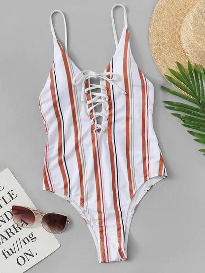 Spaghetti Straps Striped One-piece Swimwear