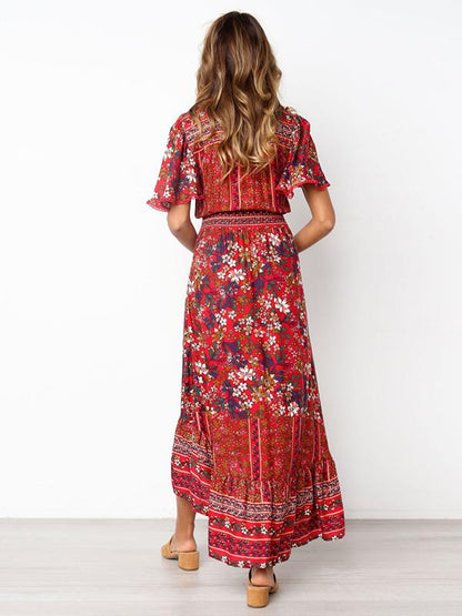 Printed Flared Sleeve Bohemian Flowers Maxi Dress