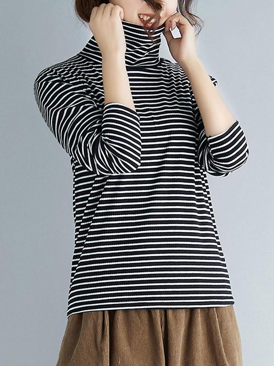 Comfortable Striped High-neck T-shirt