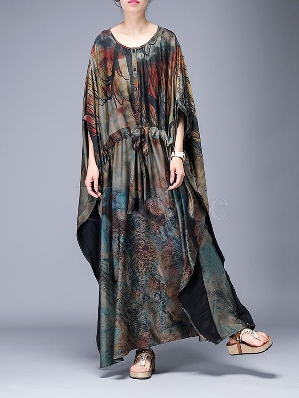 Loose Lace-up Printed Long Dress