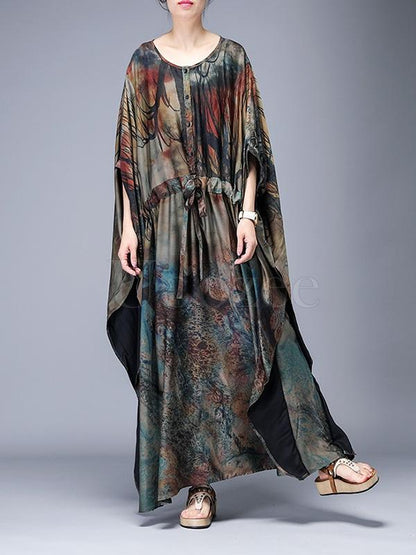 Loose Lace-up Printed Long Dress