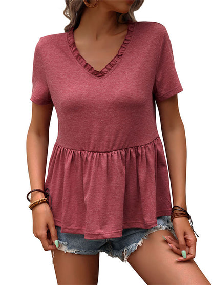Simple Causal Solid Color Pleated Falbala T-Shirt Top