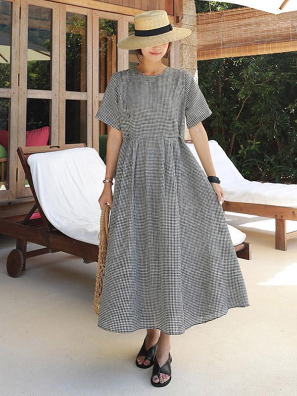 Ramie Cotton Plus Size Plaid Fresh Midi Dresses