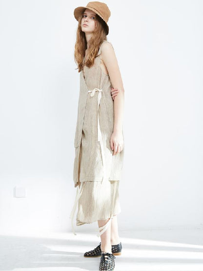 Simple Loose Linen Lace-up Sleeveless Top+Skirt Suits