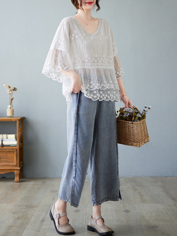 Original Loose Artistic Retro Lace Embroidered T-Shirt Top