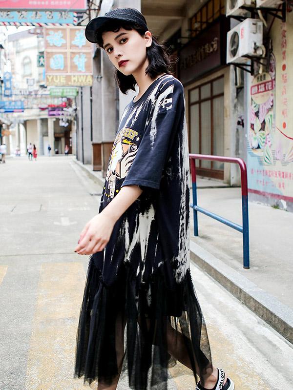Mesh Split-joint Loose Printed Dress
