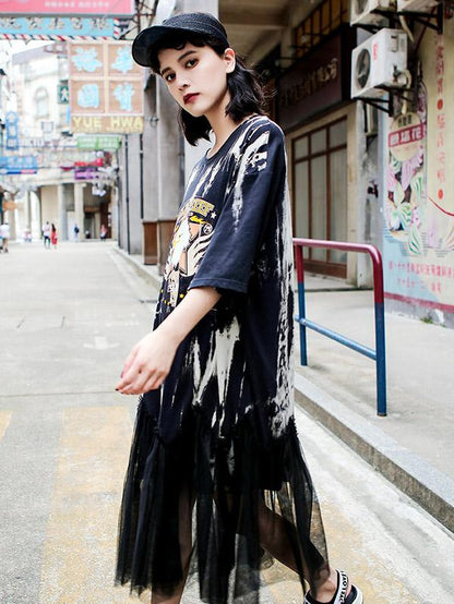 Mesh Split-joint Loose Printed Dress