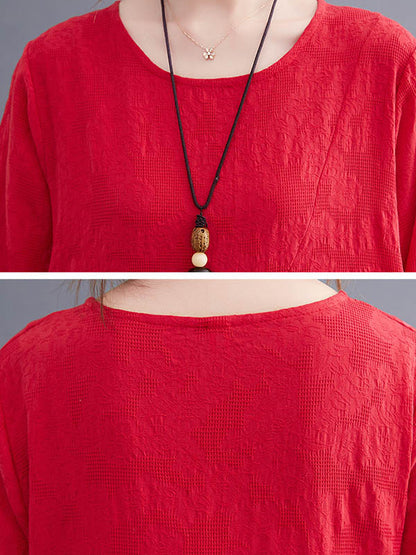 Casual Simple Solid Color Pleated Round-Neck Long Sleeves Midi Dress