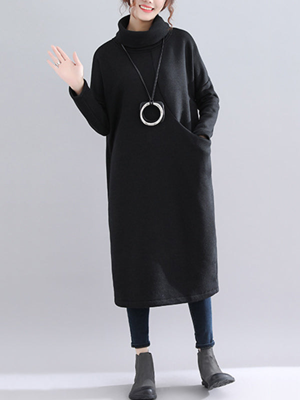 Simple Solid Color With Pocket High-Neck Long Sleeves Sweatshirt Dress