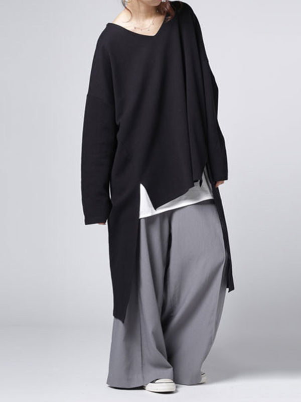 Casual Loose Solid Color Split-Side High-Low V-Neck Long Sleeves Sweatshirt